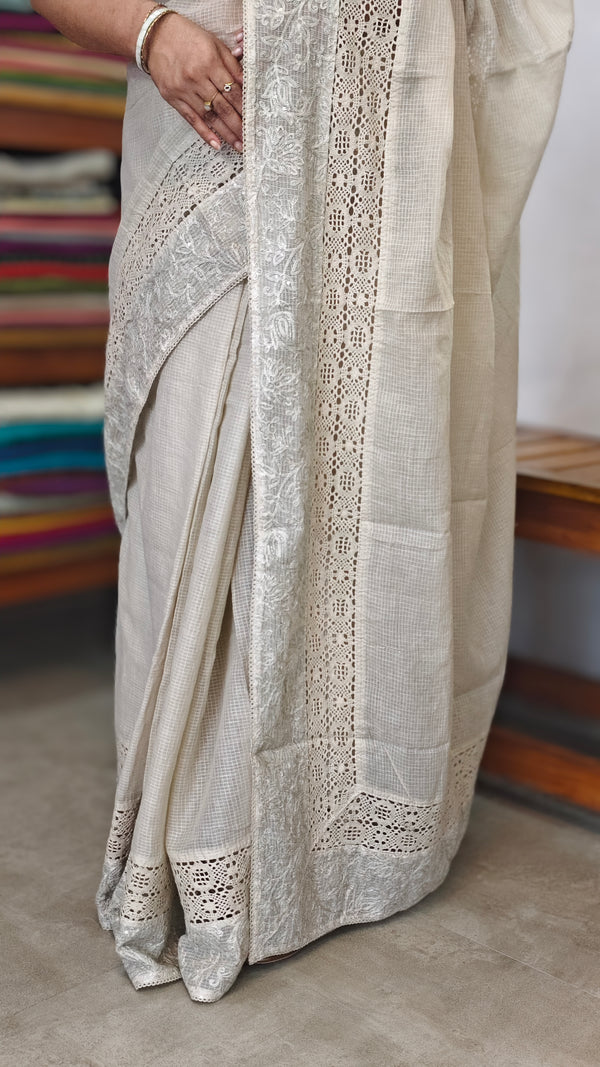 Beige Kota Saree with Embroidery and Crochet Lace - 35BT
