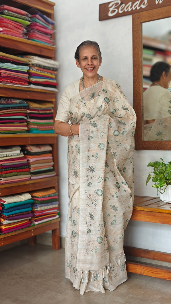 Light Beige and Teal Green Cross Stitch Embroidered Kota Saree - 5033