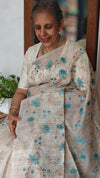 Light Beige and Blue Kota Saree with Cross Stitch Embroidery - 5033