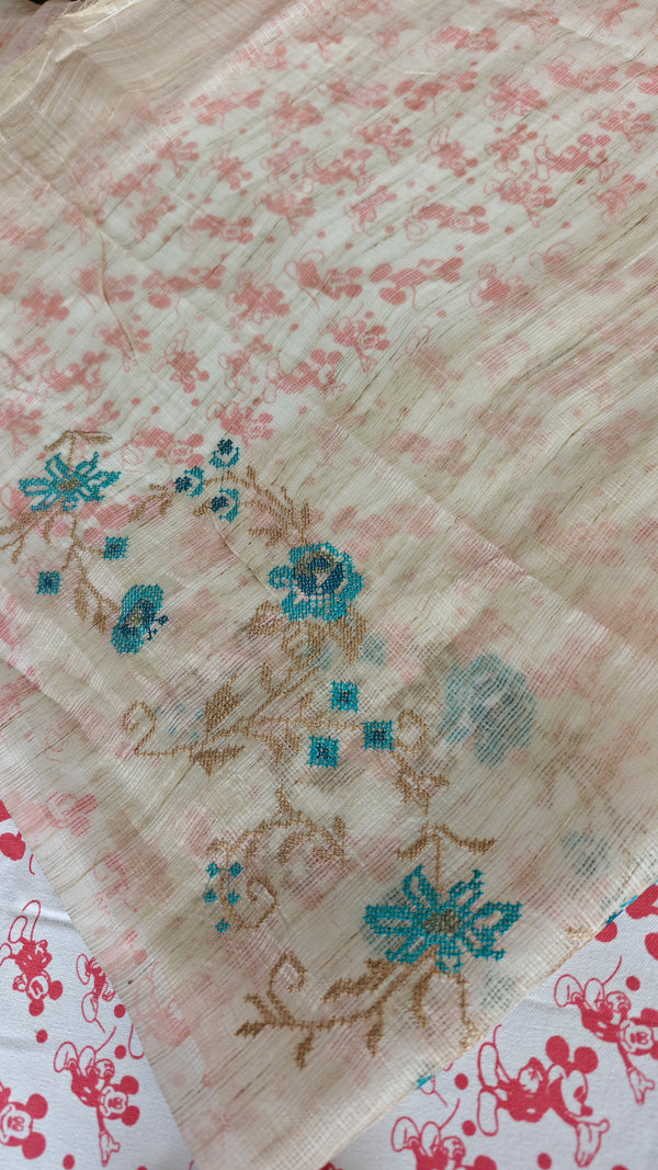 Light Beige and Blue Kota Saree with Cross Stitch Embroidery - 5033
