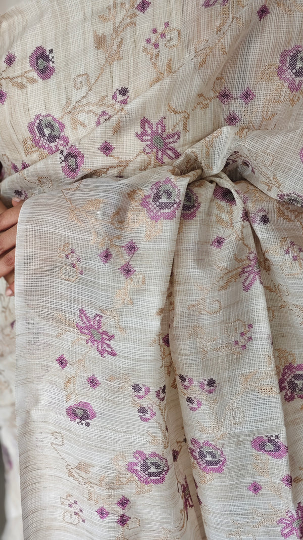 Light Beige and Purple Kota Saree with Cross Stitch Embroidery - 5033