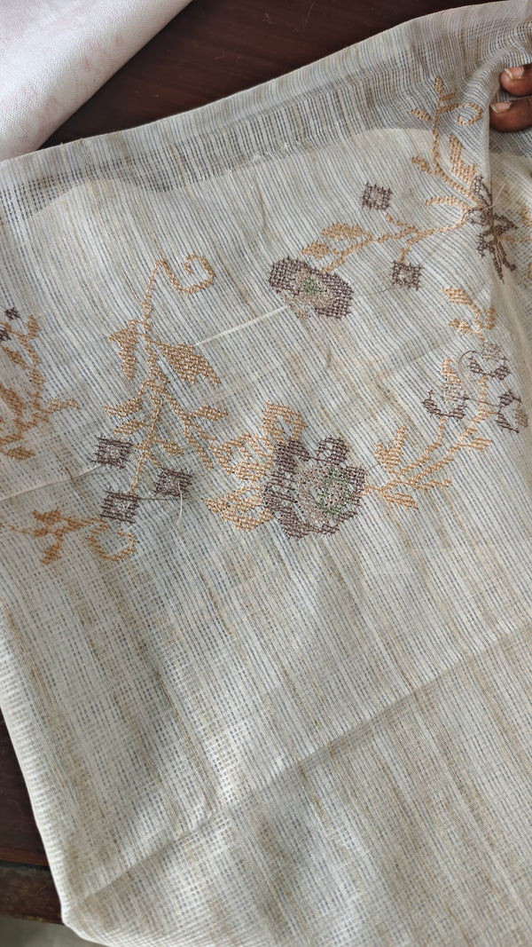 Light Beige and Taupe Kota Saree with Cross Stitch Embroidery - 5033