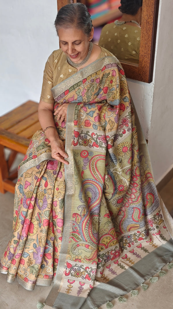 Kalamkari printed saree with Banarasi Borders