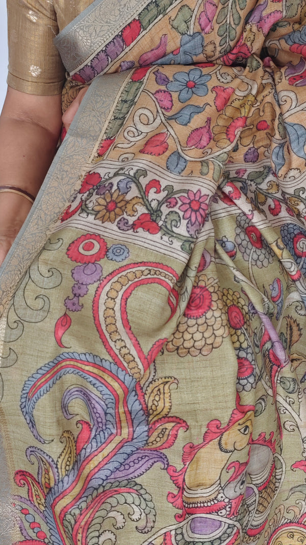 Kalamkari printed saree with Banarasi Borders
