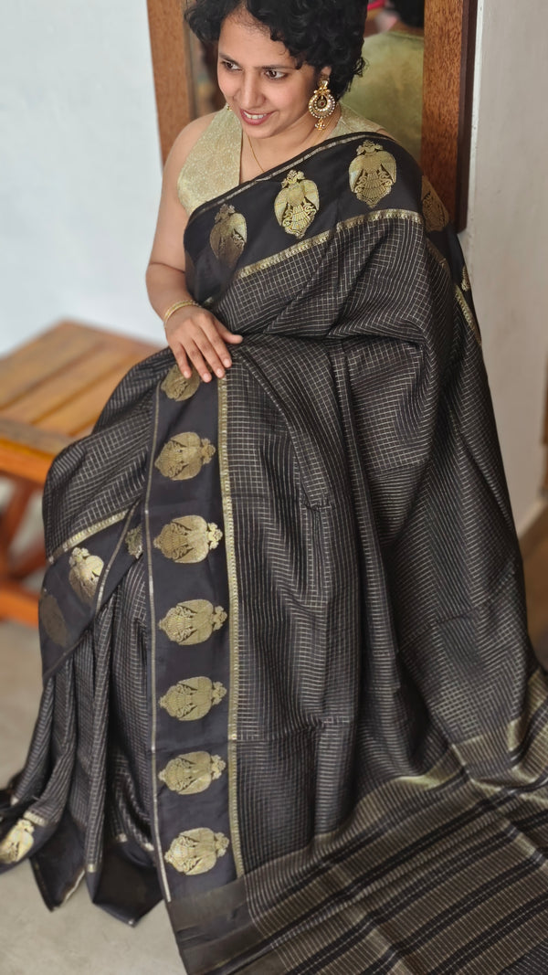 Black check Chinon Silk Banarasi Saree