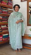 Sea Green Embroidrered Crushed Organza Suit - 7292