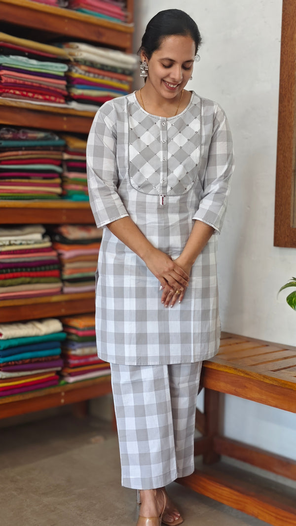 White and Grey Checks Cotton Coord Set