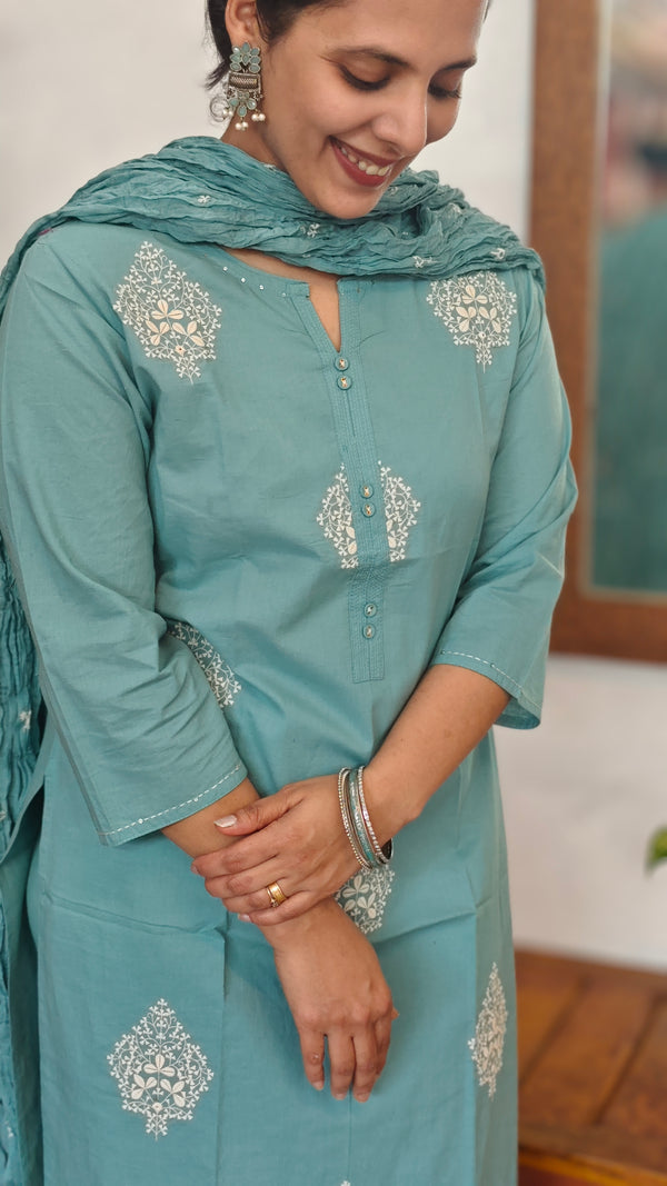 Teal Cotton 3 piece kurti set