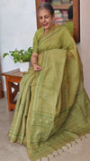 Moss Green Tissue Linen Saree with Hand Embroidery - JL391 - 1