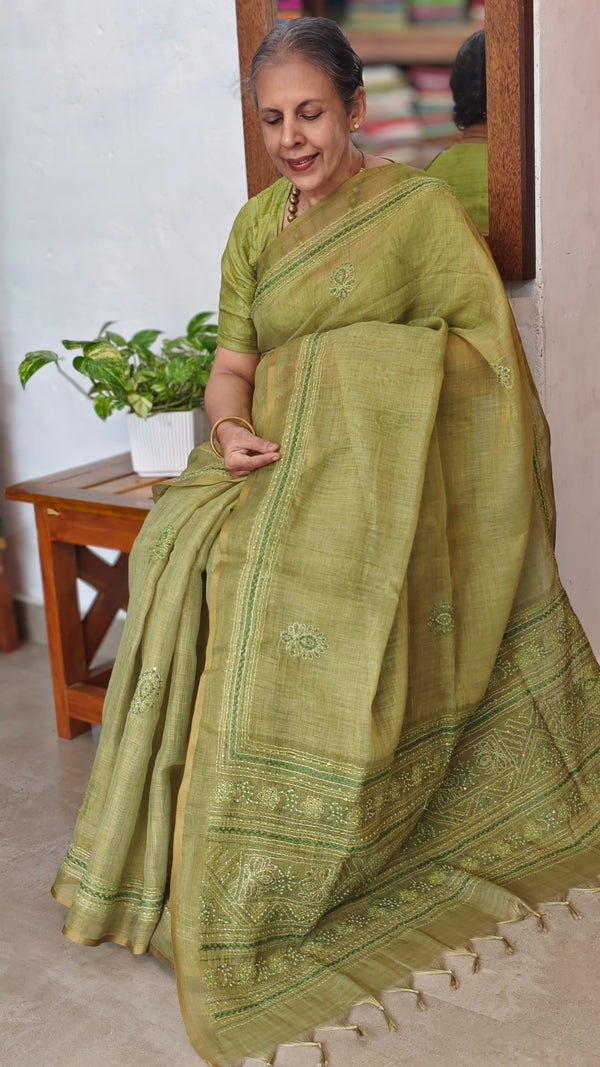 Moss Green Tissue Linen Saree with Hand Embroidery - JL391 - 1