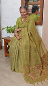 Moss Green Linen Tissue Embroidered Saree - JL391 - 3