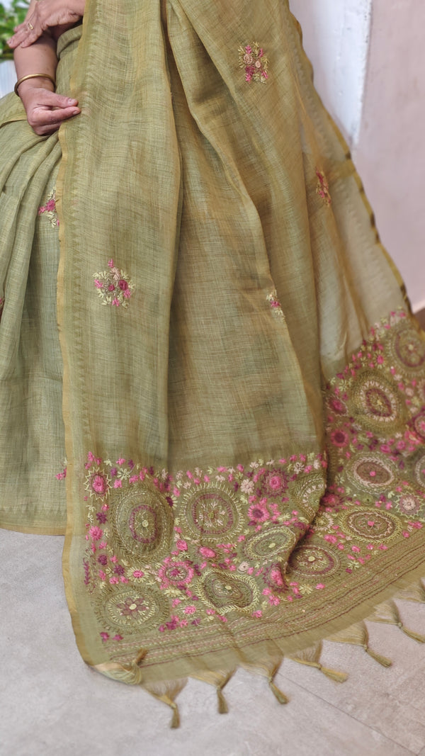 Moss Green Linen Tissue Embroidered Saree - JL391 - 3