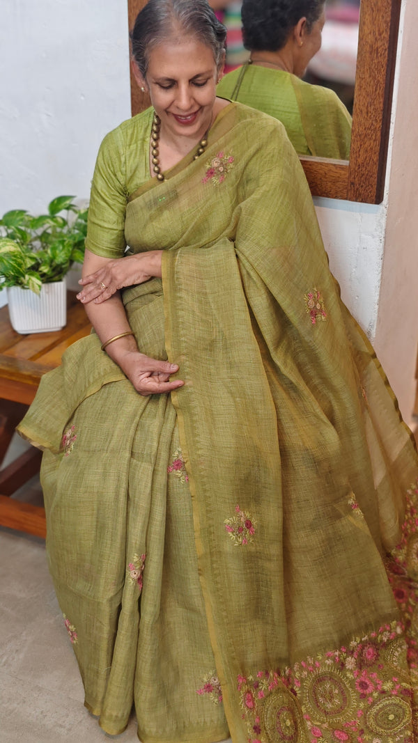 Moss Green Linen Tissue Embroidered Saree - JL391 - 3