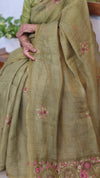 Moss Green Linen Tissue Embroidered Saree - JL391 - 3