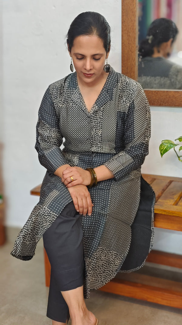 Printed Black Chanderi Silk Kurti Set - RC69