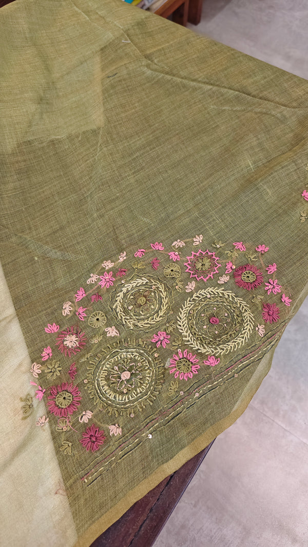 Moss Green Linen Tissue Embroidered Saree - JL391 - 3
