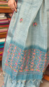 Ice Blue Linen Tissue Embroidered Saree - JL391 - 1