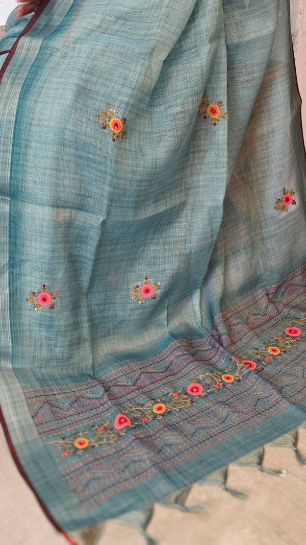 Ice Blue Linen Tissue Embroidered Saree - JL391 - 2