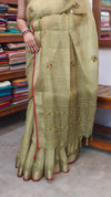 Green Linen Tissue Embroidered Saree - JL391 - 4