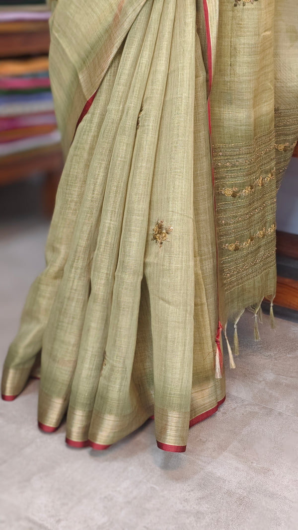 Green Linen Tissue Embroidered Saree - JL391 - 4
