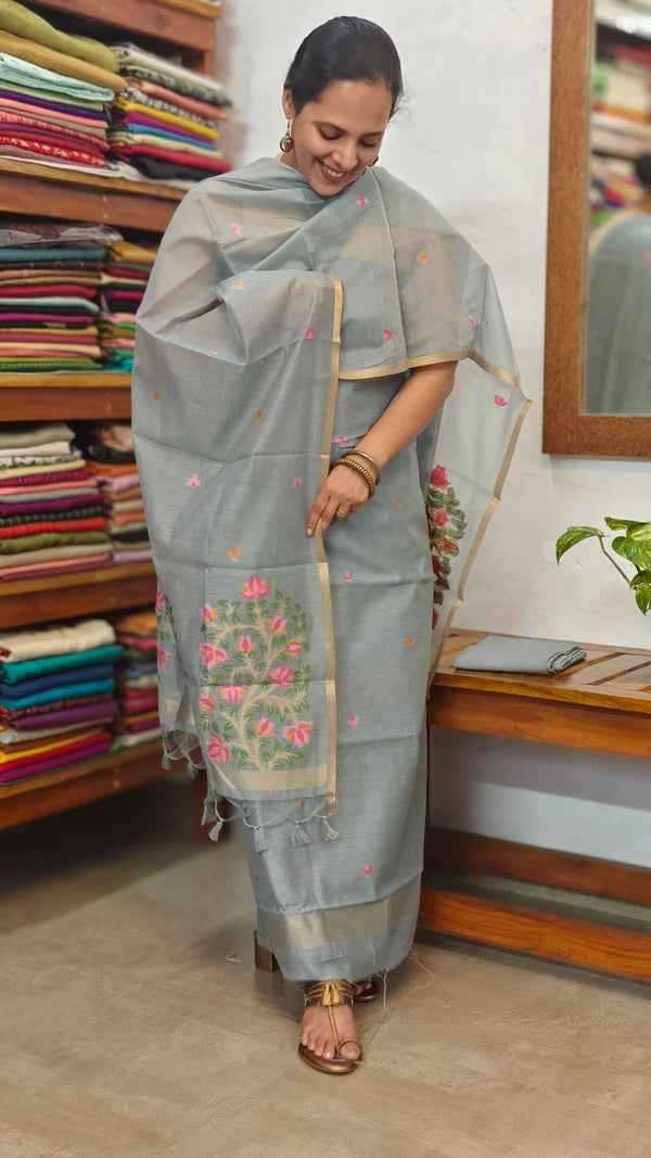 Grey Jamdani Linen Chanderi Suit - DL73 - 2