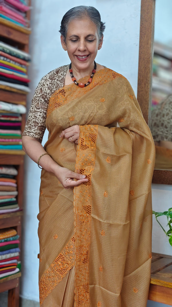 Brown Mustard Kota Saree with Cutwork - 408D
