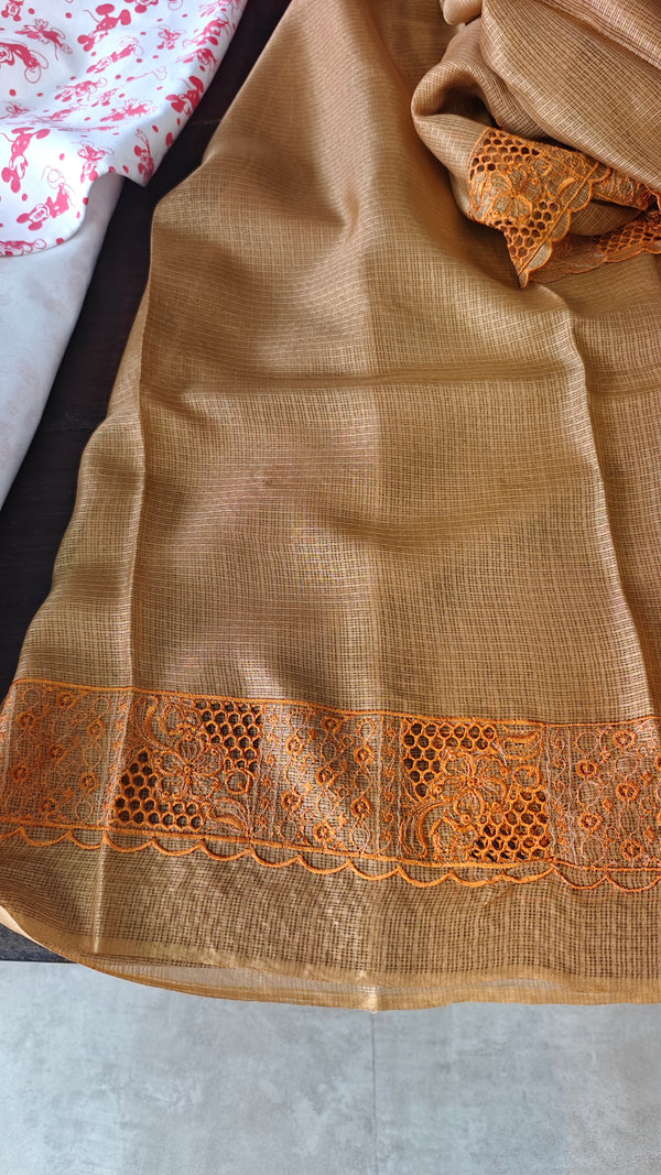Brown Mustard Kota Saree with Cutwork - 408D