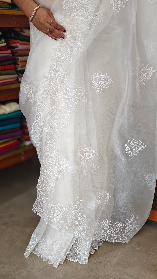 Milky White Crushed Organza Saree - R4311
