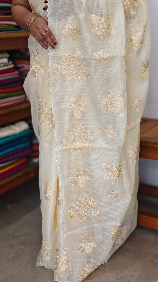 Pastel Yellow Kota Saree with Embroidery - FXT4