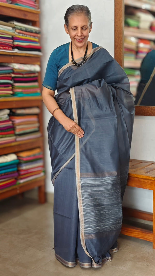 Agean Blue Chanderi Tussar Silk Saree - ANX19