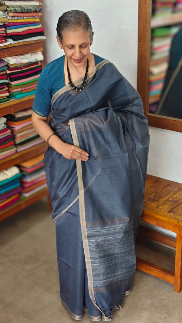 Agean Blue Chanderi Tussar Silk Saree - ANX19