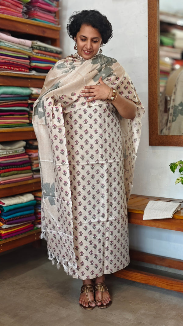 Semi Silk Suit - Beige and Purple Small Motif - ETV9