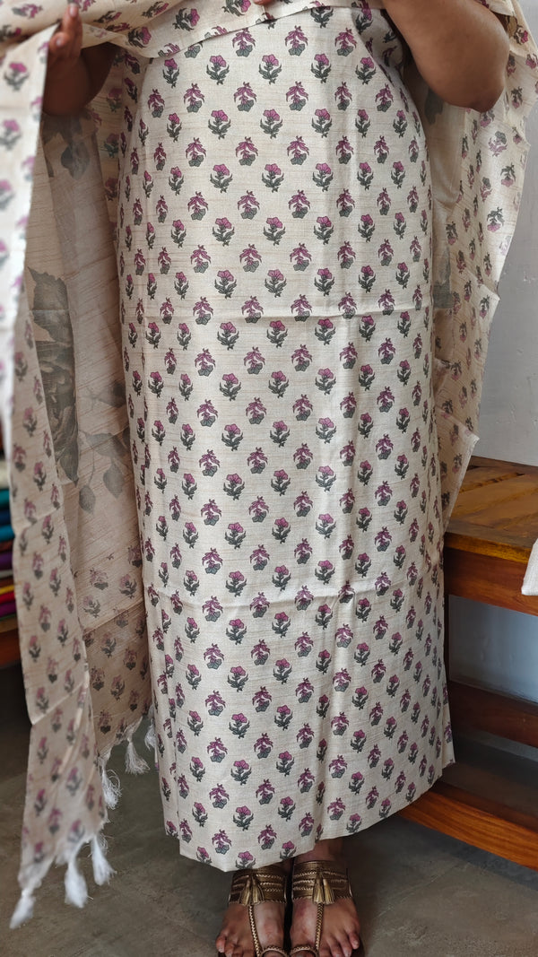Semi Silk Suit - Beige and Purple Small Motif - ETV9