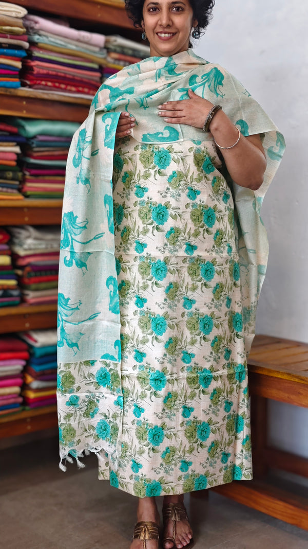 Semi Silk Suit - Beige and Green - ETV9
