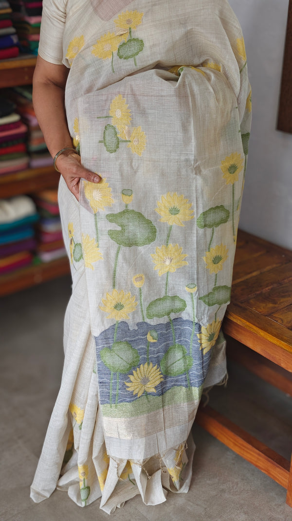 Cream and yellow Linen Chanderi Saree with Jamdani weaving - 1239