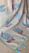 Cream Linen Chanderi Saree with Jamdani Weaving - Blue - 1239
