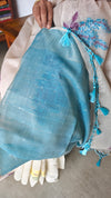 Cream Linen Chanderi Saree with Jamdani Weaving - Blue - 1239