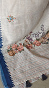 Cream Linen Tissue Floral Print Saree with hand embroidery - Navy Blue - VR41
