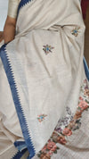 Cream Linen Tissue Floral Print Saree with hand embroidery - Navy Blue - VR41