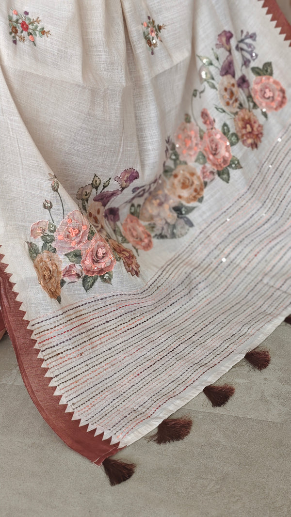 Cream Linen Tissue Floral Print Saree with Hand Embroidery - Brown - VR41