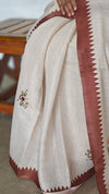 Cream Linen Tissue Floral Print Saree with Hand Embroidery - Brown - VR41