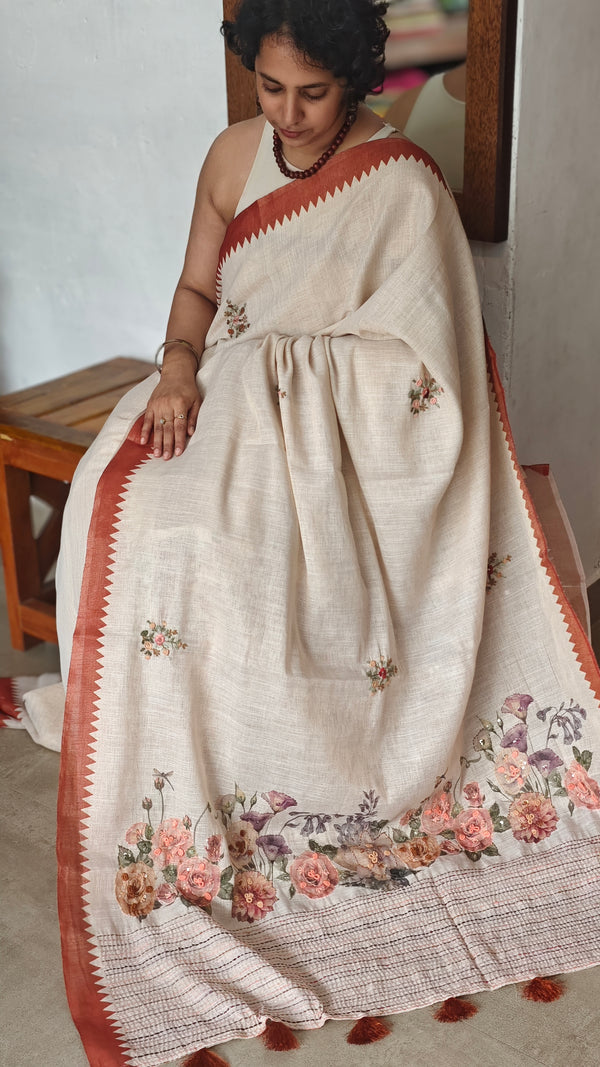 Cream Linen Tissue Saree Floral Print Saree with Hand Embroidery - Rust - VR41