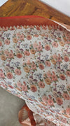 Cream Linen Tissue Floral Print Saree with Hand Embroidery - Brown - VR41