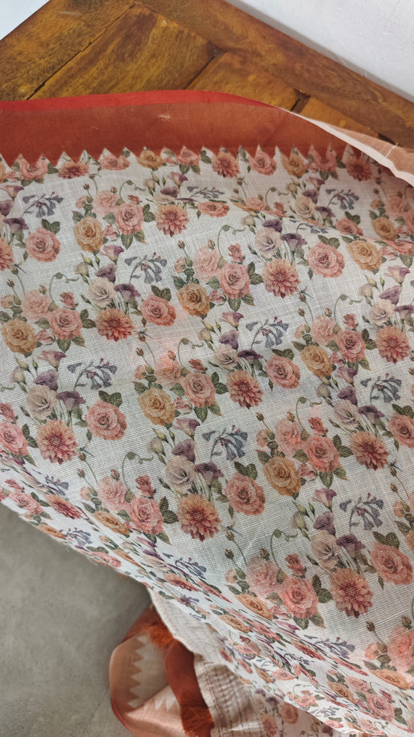 Cream Linen Tissue Floral Print Saree with Hand Embroidery - Brown - VR41