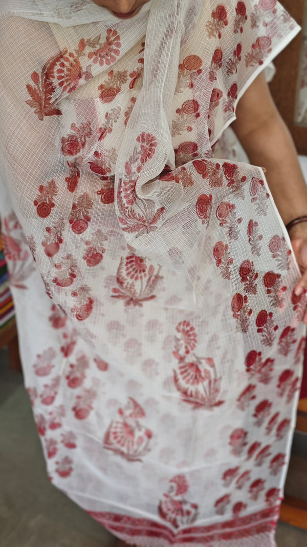White and Red Block Printed Kota Doria Suit - GD331
