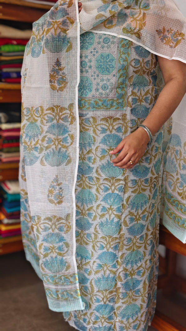 Teal, Blue and Mustard on Off White Kota Doria Suit - GD331