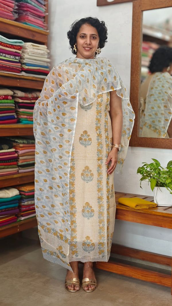 Cream with Blue and Mustard Block Print Kota Doria Suit - GD331