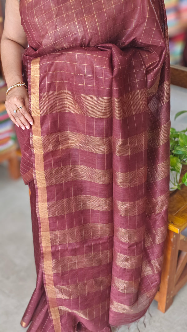 Coffee Brown Zari Checked Bhagalpur Silk Saree - BP3