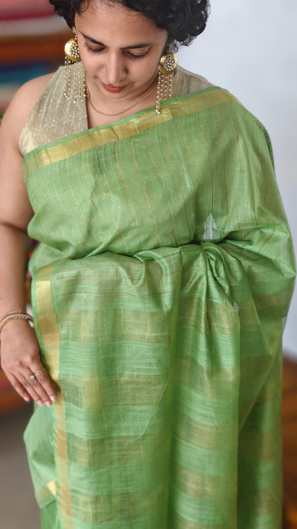 Chartreuse Green Zari Checked Bhagalpuri Silk Saree - BPR3