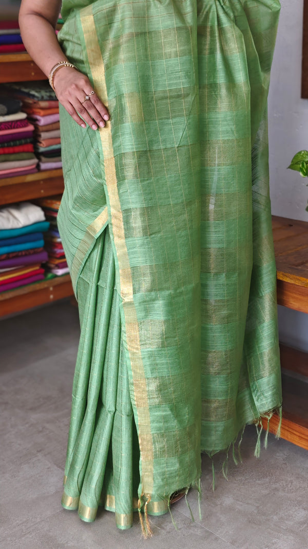 Chartreuse Green Zari Checked Bhagalpuri Silk Saree - BPR3